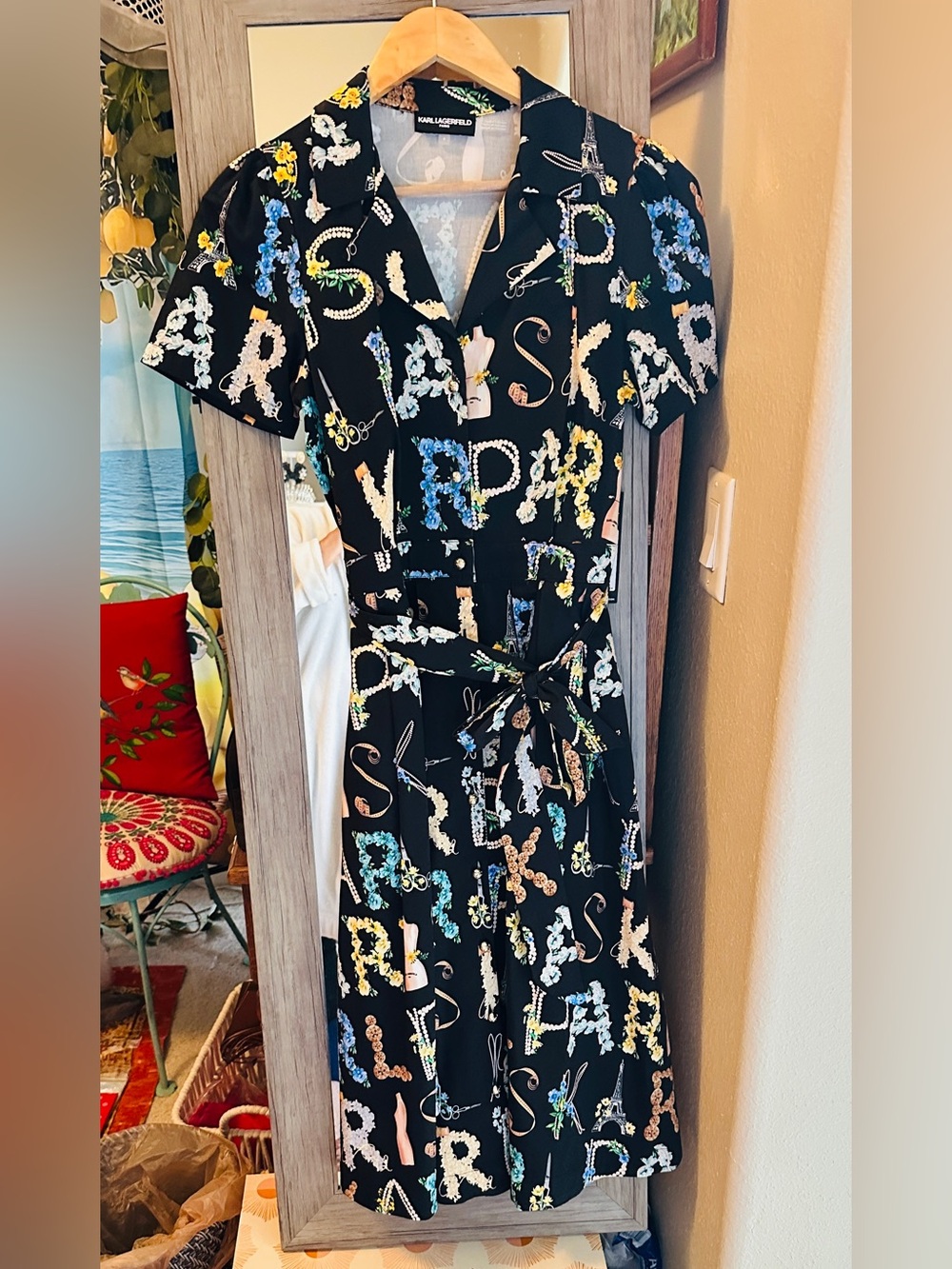 Karl Lagerfeld Classic Black Floral Letter-Print Wrap-Style Dress